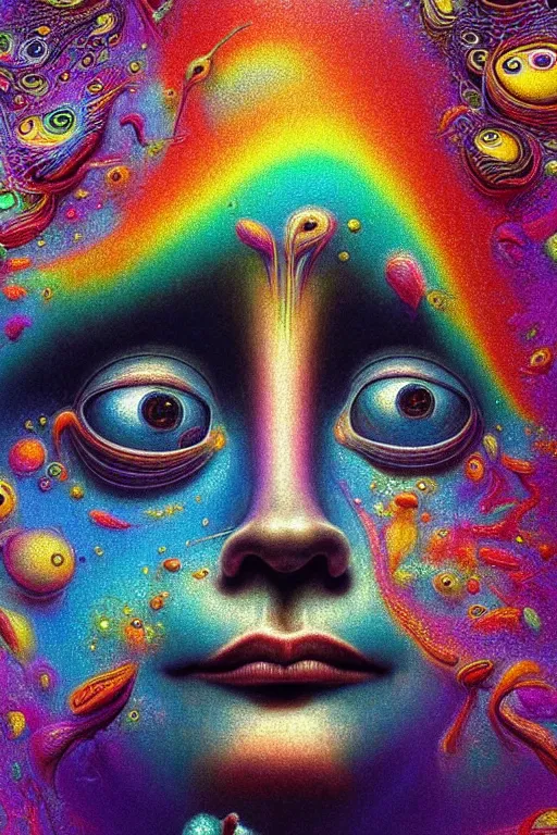 Image similar to hyperrealistic abstract close-up Renaissance psychedelic!! celestial happy! pure creature!! peaceful! kind spirit of nature! beautiful fractal!! eyes! highly detailed concept art eric zener elson peter cinematic hard rainbow lighting high angle hd 8k sharp shallow depth of field endless, inspired by Zdzisław Beksiński Salvador Dali