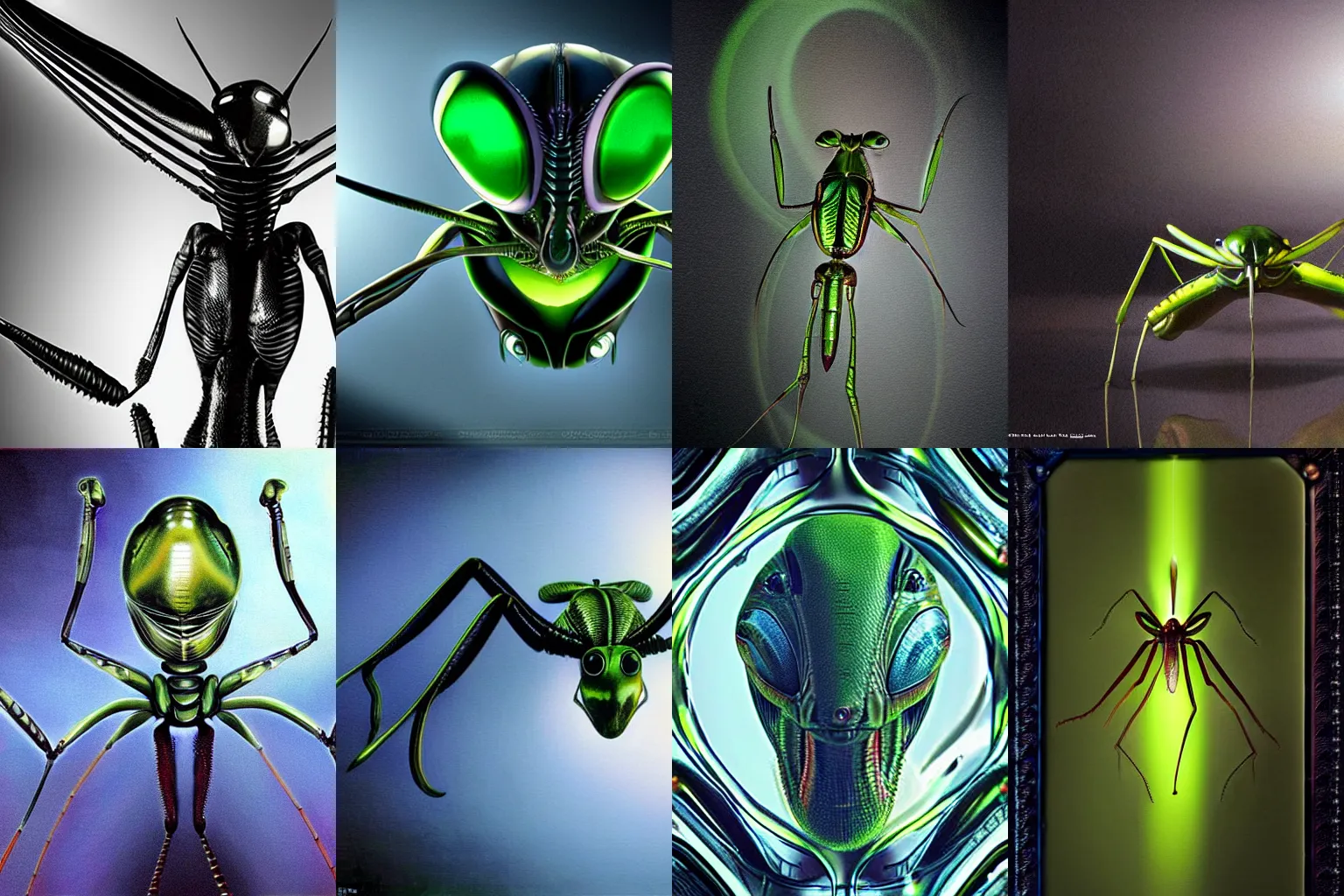Prompt: alien in the form of mantis, hyper realism, realistic photo, ultra detailed, surreal, strange, future technology, symmetrical front, dramatic lights