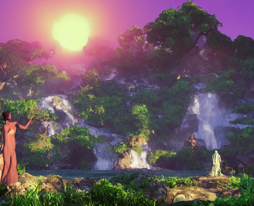 Image similar to a low-poly render of a big purple hand holding the orange setting sun on the ocean horizon. a green tinted transparent beckoning lady in front of a waterfall. a cream colored abandoned building featuring two statues and pitch black periphery. a prehistoric jungle scene with a mountain in the background.