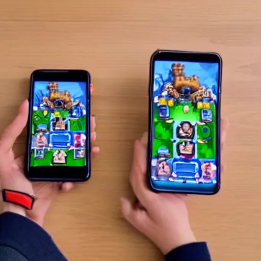 Prompt: two people playing clash royal on the smartphone the whole day