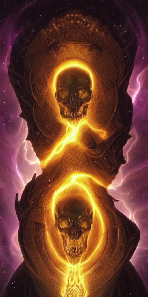 Image similar to intense glowing egyptian god with horns and intense black eyes with a skull on fire in very dark cosmic nebula by artgerm and beksinski and alphonse mucha, portrait, fantasy, clear, light beams, lens flare, intense, uhd, amazing depth, cinematic lighting, black and purple and shining gold