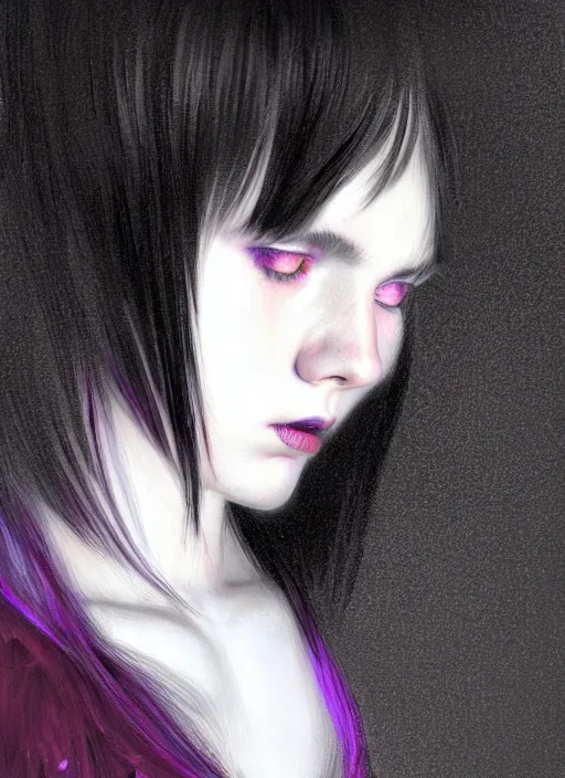 Image similar to portrait of teenage girl, red irises, bangs, black and white hair, white bangs, purple clothes, white bangs, two color hair, black hair and white bangs, intricate, elegant, glowing lights, highly detailed, digital painting, artstation, concept art, smooth, sharp focus, illustration, art by wlop, mars ravelo and greg rutkowski