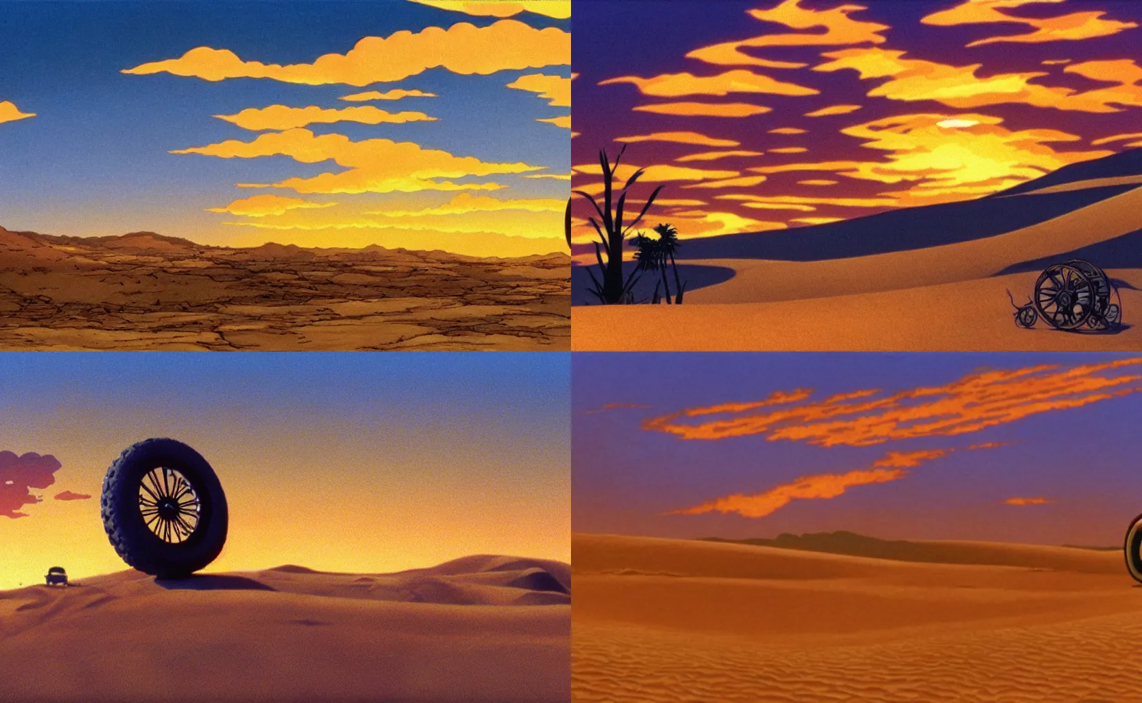 Image similar to giant wheels roll toward a golden desert sunset, cinemascope, studio ghibli, widescreen