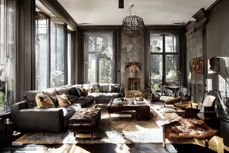 Prompt: a tastefully decorated living room with dark luxurious furnishings, and a mix of antique and modern furniture, and a mix of concrete and wood finishes, chiaroscuro shadows, rays of sunlight streaming in through full - length glass windows