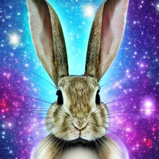 Image similar to complicated rabbit's face only with nebula space background, higher realistic, melting