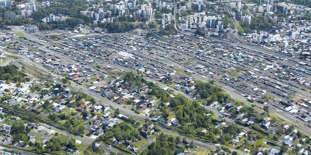 Image similar to bird's eye view photo of a low - rise city, with small woods and hills in the north with trailer park. in the south are buildings, a highway, inlet shipping dock area, and monorail station.