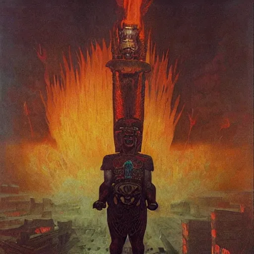 Image similar to giant mayan joe biden with flaming eyes standing over city, perfectly clear face, by j. c. leyendecker and beksinski