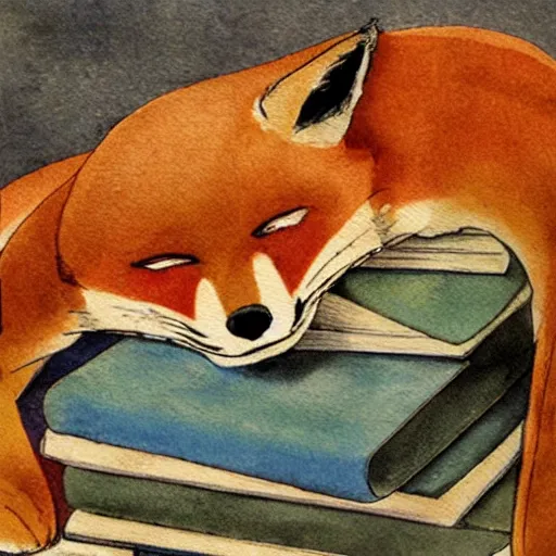 Image similar to fox sleeping on a pile of books, watercolors, 1 9 3 0