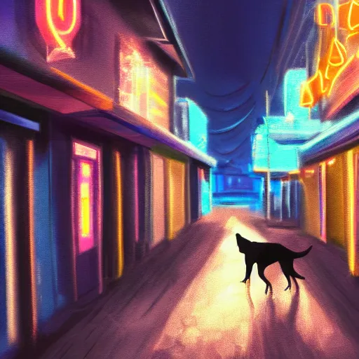 Image similar to stray dog sits alone in a dark alleyway at night with neon city lights glowing in the distance, 4 k, digital painting, photorealism, lighting study