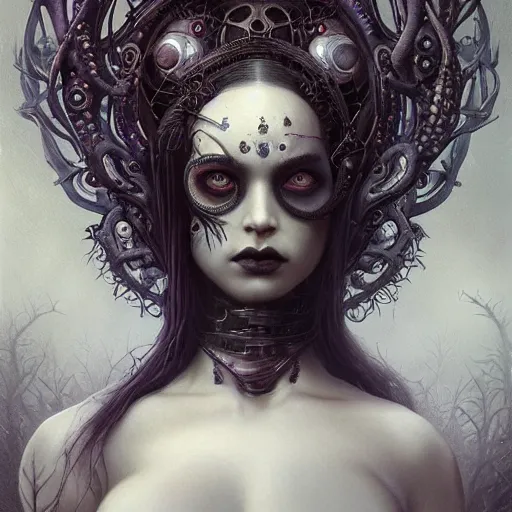 Image similar to curiosities from zynoids, soft paint of a single curvy beautiful warrior in full gothic armor, symmetry accurate features, eyeballs, vegetation tentacles, dense volumetric fog, focus, very intricate ultrafine details, gloomy colors, award winning masterpiece, tom bagshaw artstyle