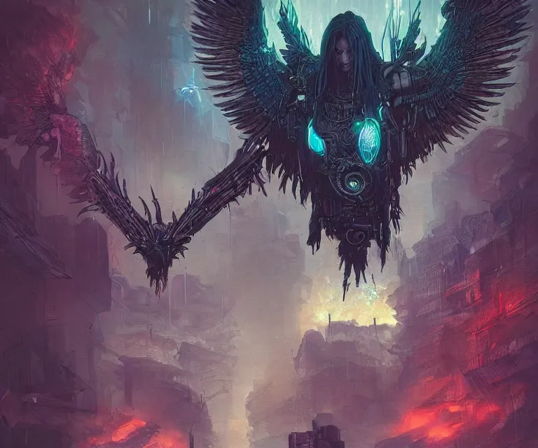 Image similar to a beautiful tarot card artwork of a cyberpunk fallen dark seraphim, horror, backlit, gloomy sky, highly detailed, digital painting, scales, by eddie mendoza and greg rutkowski and dan mumford and artgerm, vivid colors, masterpiece, detailed shading, 8 k resolution, intricate, smooth