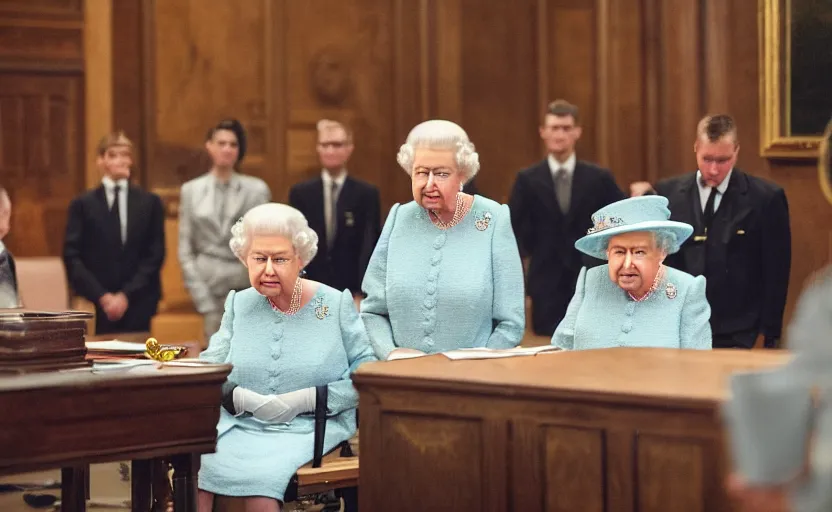 Prompt: photo of Queen Elizabeth in the court room being arrested, sitting at the table, highly detailed, high quality, HD, 4k, 8k, Canon 300mm, professional photographer, 40mp, lifelike, top-rated, award winning, realistic, sharp, no blur, edited, corrected, trending