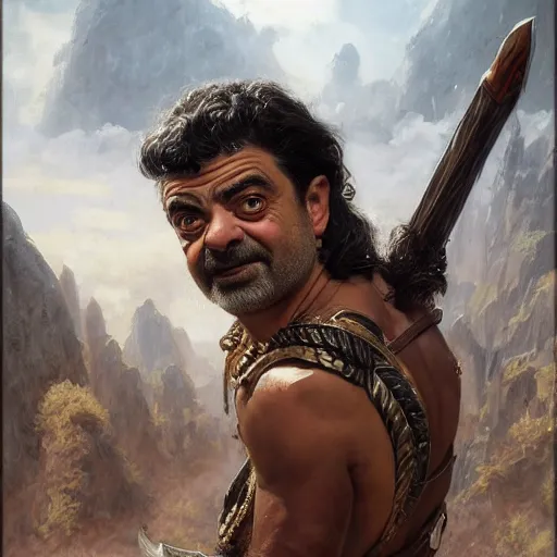 Image similar to portrait of Rowan Atkinson as a barbarian, detailed, centered, digital painting, artstation, concept art, donato giancola, Joseph Christian Leyendecker, WLOP, Boris Vallejo, Breathtaking, 8k resolution, extremely detailed, beautiful, establishing shot, artistic, hyperrealistic, octane render