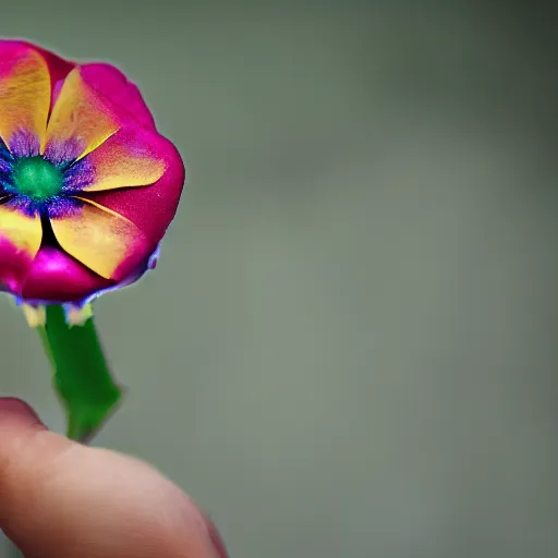 Image similar to closeup photo of rainbow - colored flower with 7 petals, held by hand, shallow depth of field, cinematic, 8 0 mm, f 1. 8