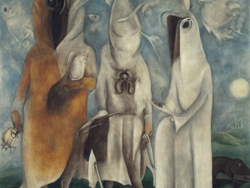 Prompt: close up portrait of man in white beekeeper suit with a surreal impossible creature from codex. painting by leonora carrington