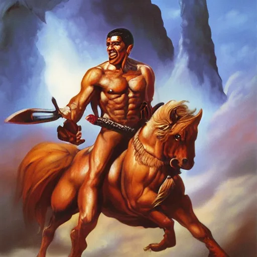 Prompt: Oil paitning Obama as a barbarian warrior Boris Vallejo