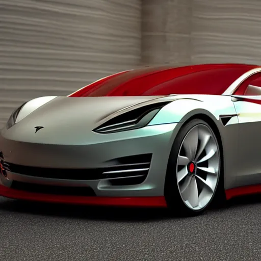 Image similar to a beautiful tesla sportive car made in partnership with ferrari. 3 d render. cinema 4 d.