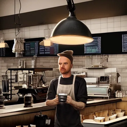 Prompt: Hyperrealistic ultradetailed matte painting of Jesse Pinkman working at a coffee shop, realistic, detailed lighting, cinematic, trending on artstation and 500px and behance