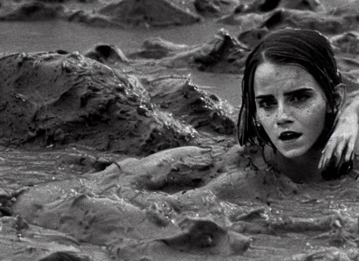 Image similar to film still, close up, emma watson rising out of muddy vietnam river, ( ( face covered in mud ) ), low camera angle at water level, night time, film still from apocalypse now ( 1 9 7 9 ), cinestill colour, anamorphic, 2 6 mm