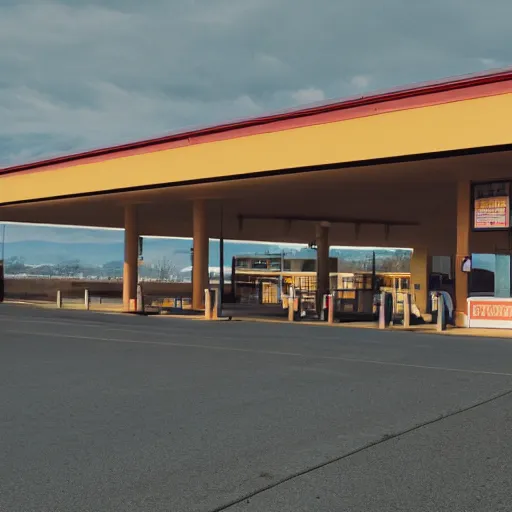 Image similar to cinematic still screenshot of the port byron travel plaza, shot by saul leiter, camera height 7 feet, moody cinematography, 2 4 mm anamorphic lens