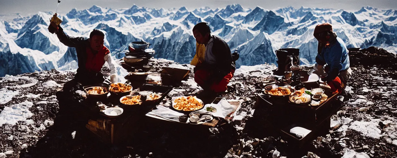 Image similar to the best chef in the world making a meal on top of mount everest, canon 5 0 mm, cinematic lighting, photography, retro, film, kodachrome