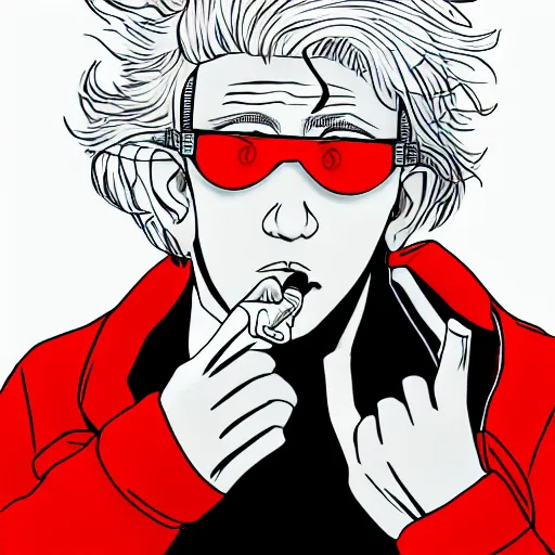 Image similar to young man in red jacket and white shirt, white hair, round goggles, smoking cigarette, character portrait, sharp focus, illustration