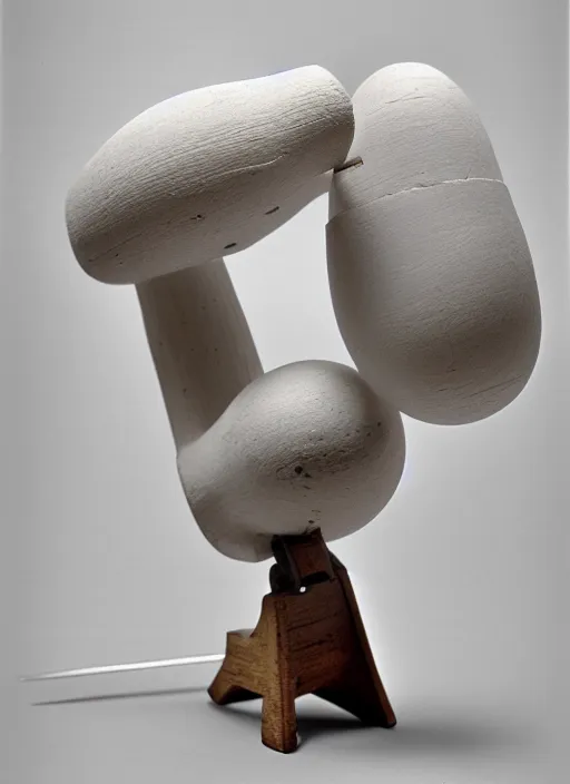 Image similar to realistic photo of a a wooden astronomy archeology chemistry scientific appliance model equipment gadget object made of wooden constructor, a fragment is made of white clay, fragments made of white fur, background is grey monochrome 1 9 9 0, life magazine reportage photo, natural colors, metropolitan museum collection