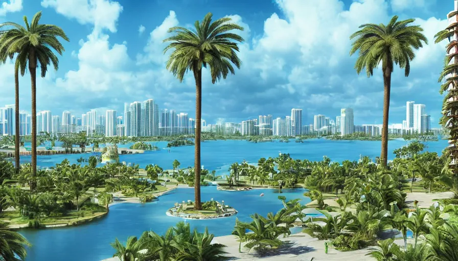 Image similar to concept city art of an artificial lake surrounded by palm trees and small blues domes in miami, sunny day, hyperdetailed, artstation, cgsociety, 8 k