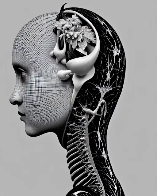 Image similar to a black and white 3D render of a beautiful portrait of a young female angelic-dragon-cyborg face with a very long neck, 150 mm, orchids, Mandelbrot fractal, anatomical, flesh, facial muscles, veins, arteries, full frame, microscopic, elegant, highly detailed, flesh ornate, elegant, high fashion, rim light, ray trace, octane render in the style of H.R. Giger and Man Ray, Realistic, Refined, Digital Art, Highly Detailed, Cinematic Lighting, rim light, black and white, photo-realistic Unreal Engine, 8K