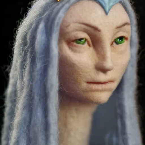 Prompt: needle felt action shot of galadriel saying i would be queen, lotr, head and shoulders, dark background, dramatic lighting, spooky, dslr, tilt shift, extremely textured, hyper detailed and realistic face