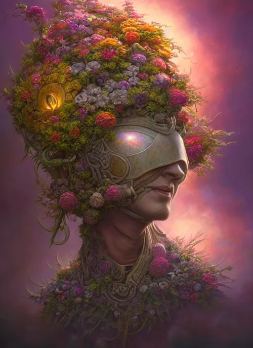 Prompt: helmet of a forgotten deity made of flowers, in the style of tomasz alen kopera and fenghua zhong and peter mohrbacher, mystical colors, rim light, beautiful lighting, 8 k, stunning scene, raytracing, octane, trending on artstation