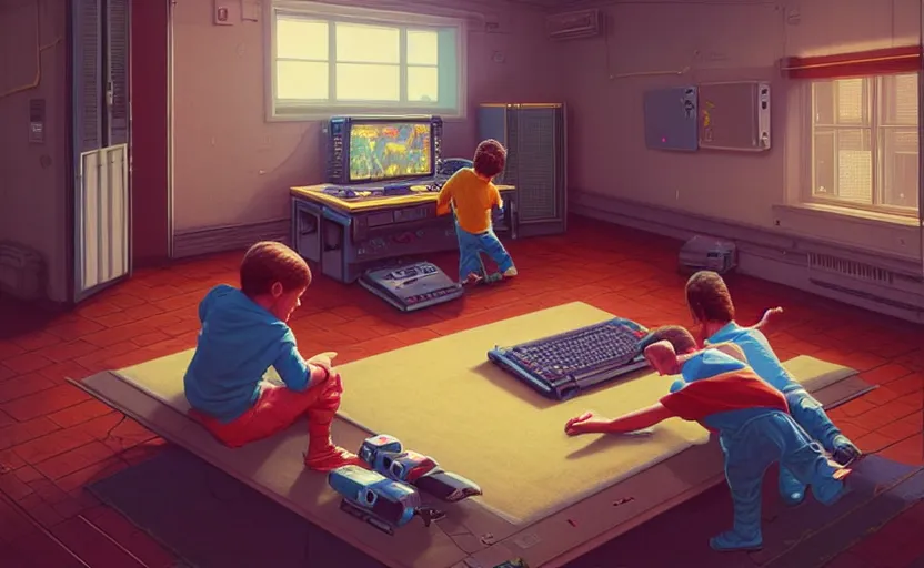 Prompt: 1 9 8 0 s, two boys playing game at a spacious gaming room with their hi - tech gaming setup, intricate, highly detailed, spacious, indoor, artstation, art by filip hodas and artgerm