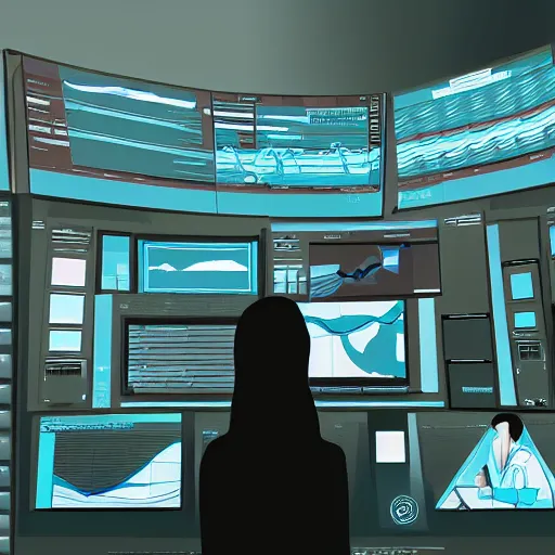 Prompt: a female scientist sitting in the control room,watching the graphics on the panel,digital art,trending on artstatiion