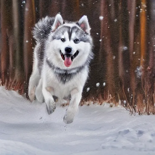 Image similar to huskey dog running in white snow, oil painting, detailed, natural light, extra crisp, realistic