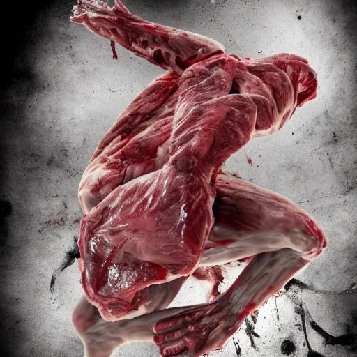 Image similar to an 8 k uhd digital photo of a zombie with crumpled on the bathroom floor showing raw elbows and bent knees and flesh and meat and tendon