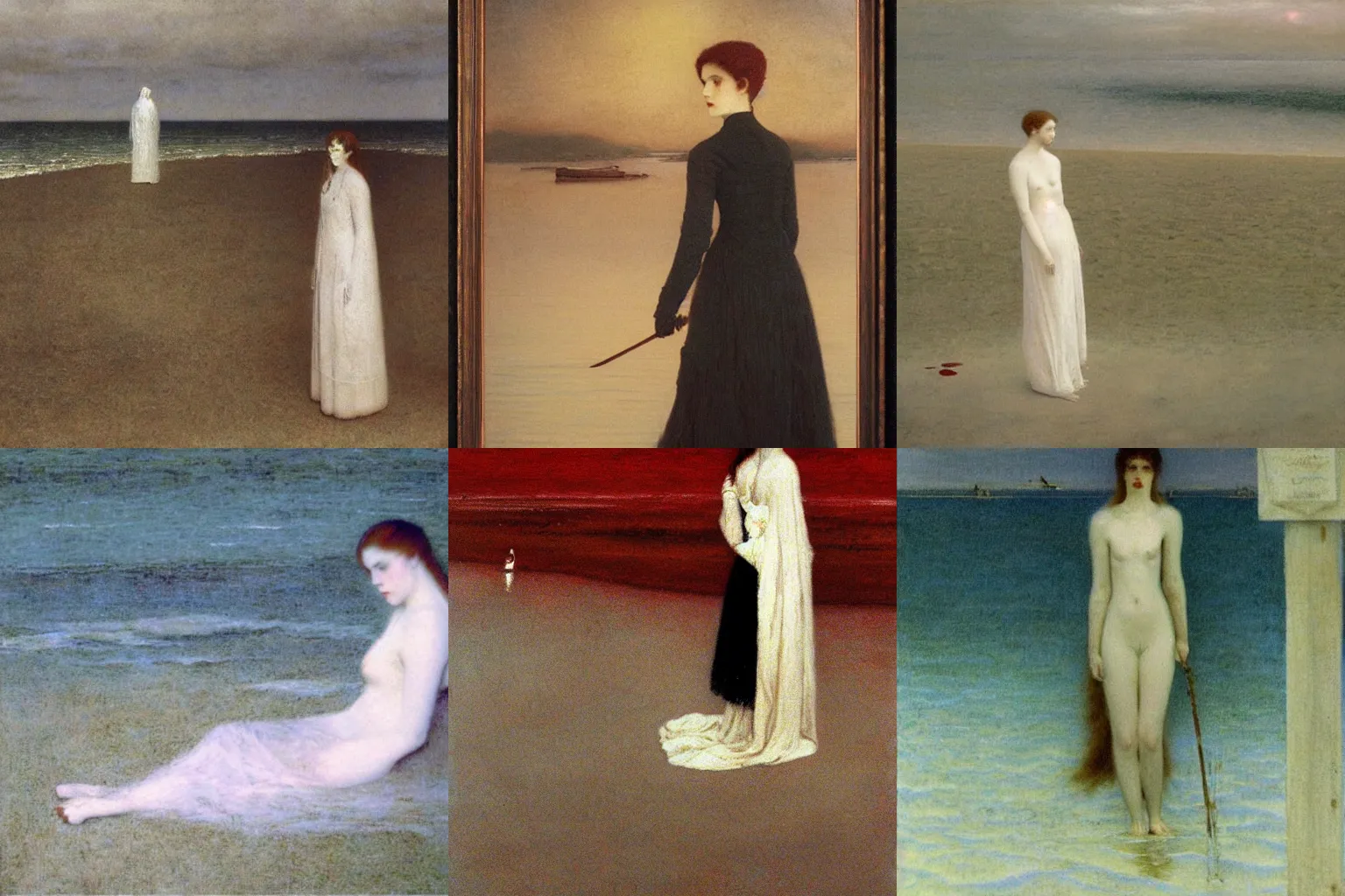 Prompt: blood - dimmed tide. painting by fernand khnopff.