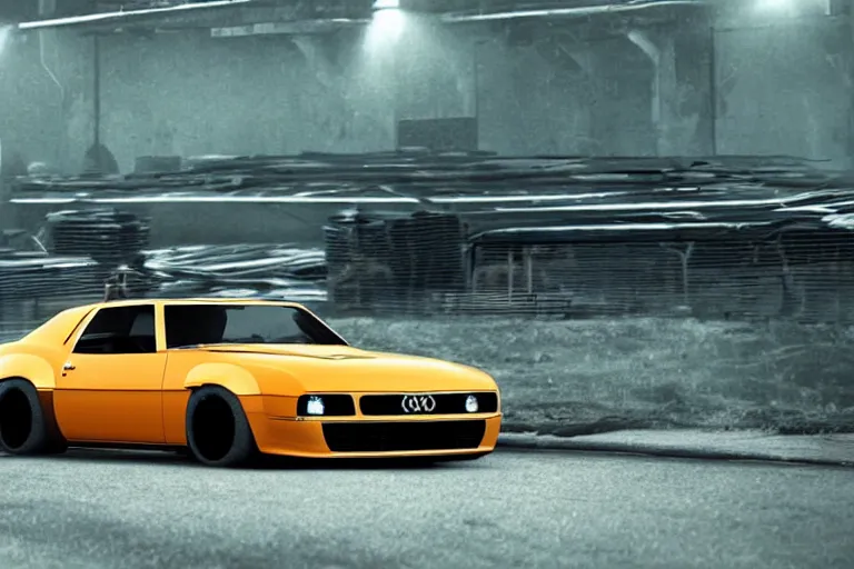 Image similar to widebody audi camaro b 1 ( 1 9 6 9 ), need for speed : carbon, at night, sci - fi, neon lines, phonk music background, smoke behind wheels, noise, dark, establishing shot, by simon stalenhag