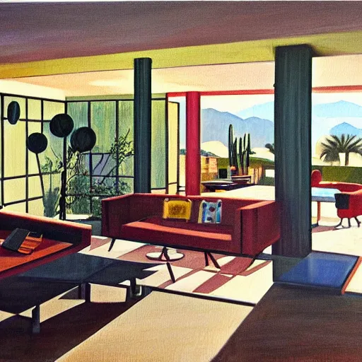 Image similar to an oil painting of the interior of a mid century modern house designed by both frank lloyd right and richard sera in palm springs