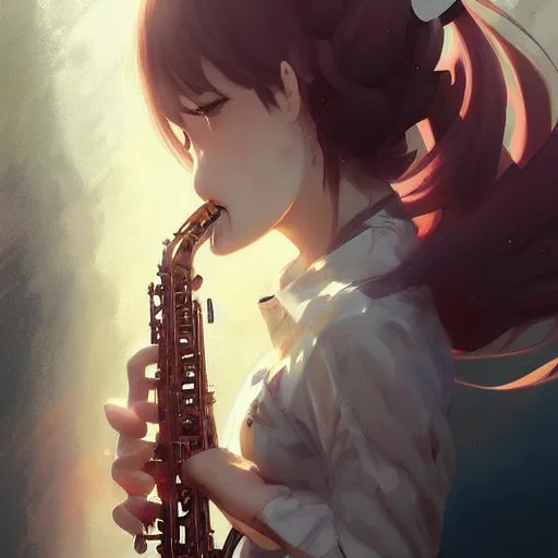 Image similar to anime girl Playing the sax instrument , digital Art, Greg rutkowski, Trending cinematographic artstation