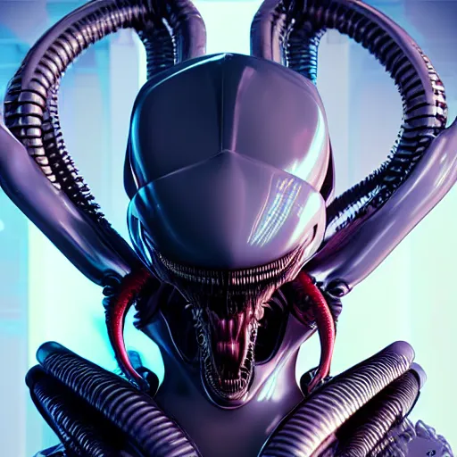 Image similar to futuristic cyberpunk alien xenomorh queen robot concept, highly detailed, photorealistic portrait, bright studio setting, studio lighting, crisp quality and light reflections, unreal engine 5 quality render