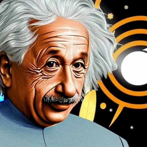 Prompt: Albert Einstein in a starfleet uniform from the new Star Trek movie