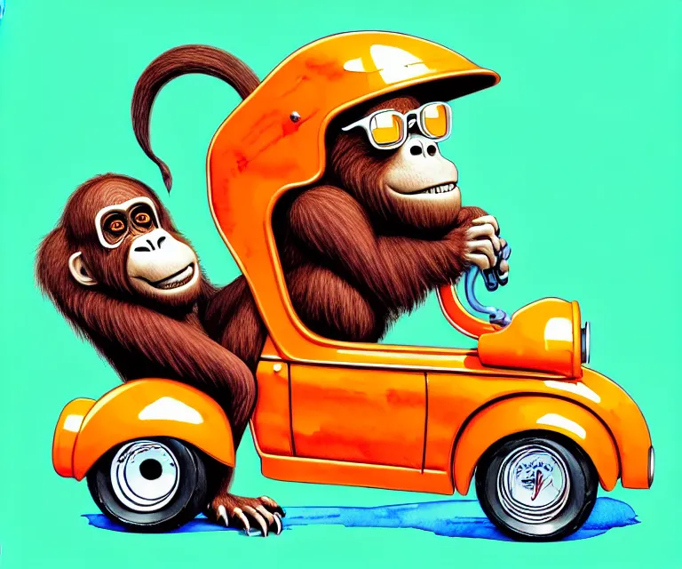 Image similar to cute and funny, orangutan wearing a helmet riding in a tiny hot rod with oversized engine | ratfink style by ed roth, centered award winning watercolor pen illustration, isometric illustration by chihiro iwasaki, edited by range murata, tiny details by artgerm, symmetrically isometrically centered