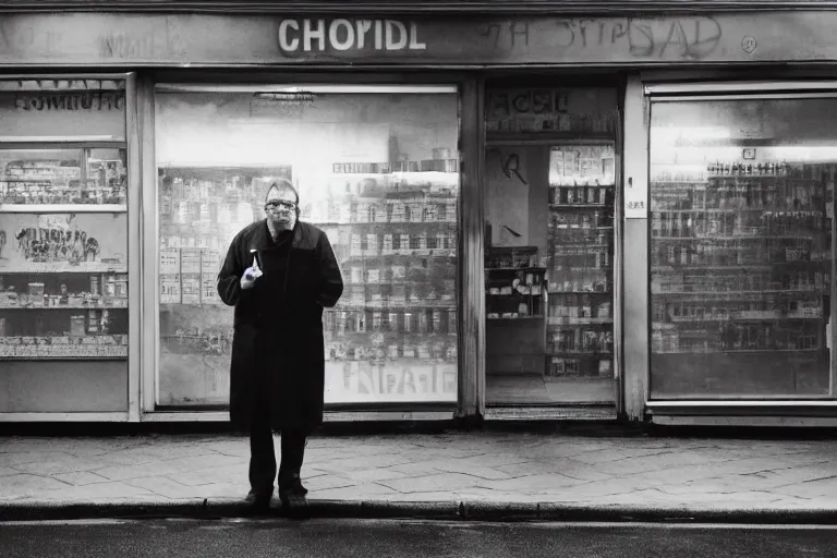 Image similar to an ultra realistic colour cinematic headshot portrait of an evil scientist, stood outside a corner shop, foggy, colour, detailed, deep focus, movie still, dramatic lighting, by fay godwin