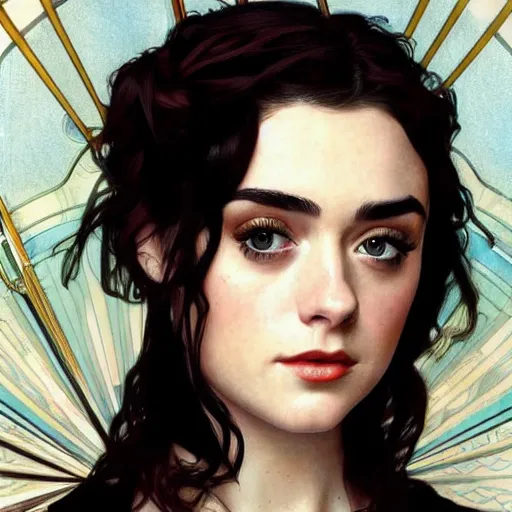 Prompt: portrait of a combination of Ashley Green, Maisie Williams, Krysten Ritter, Anne Hathaway and Adriana Dxim, Grace Kelly and Lily Collins by Alphonse Mucha, trending on artstation