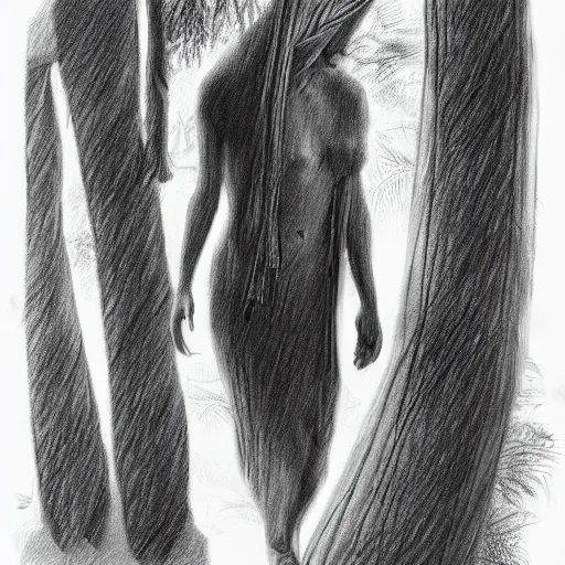 Image similar to bandaged mummy walks through jungle, pencil drawing, high resolution,