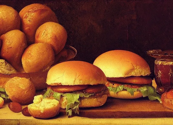 Image similar to a beautiful renaissance painting of a sweating young hamburger, sweet firm buns, in style of John Singer Sargant, still life, Velasquez, trending on artstation