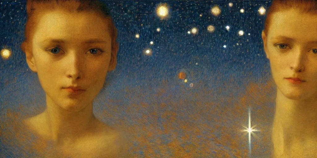 Image similar to portrait of a chrome female robot, reflections, mirroring, stars in space, rich clouds, warm azure tones, heavy lensflare, color bleed, film grain, depth of field, jules bastien - lepage, rudolph belarski, johfra bosschart, alexandre cabanel