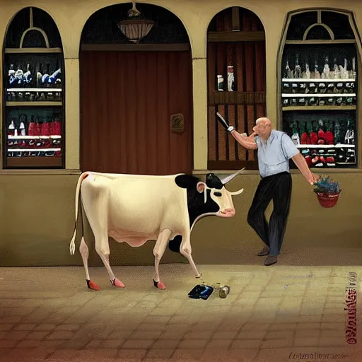 Image similar to a cow steals wine from a market stall. one of the bottles breaks spilling its contents on the street. a guard is going after the cow, digital art