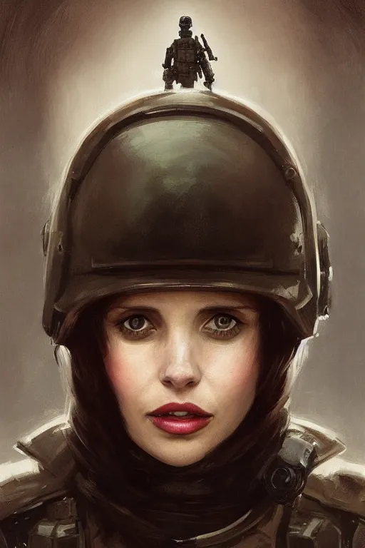 Image similar to portrait of actress felicity jones, colourised, face portrait, epic, tragic, military art, fantasy, dieselpunk, hd shot, digital portrait, beautiful, artstation, comic style, by artgerm, guy denning, jakub rozalski, magali villeneuve and charlie bowater