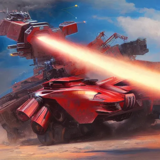 Prompt: Highly detailed oil painting, of a giant mech launching missiles, firing lasers and machine guns at a moving red sports car, concept art, highly detailed.